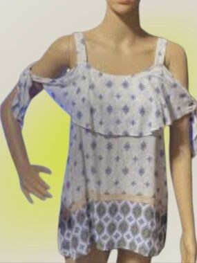 💠 Maurices Light Blue Printed Cold-Shoulder Ruffle Tunic